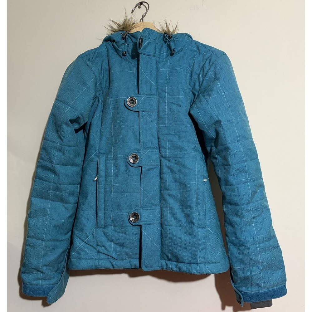 BETTY RIDES Zip & Snap Up Blue Quilted Snowboard Parka Fur Hood Sz Small